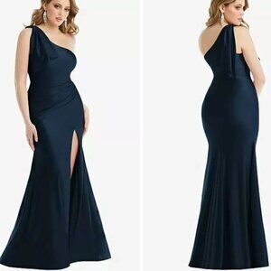 NEW Cynthia‎ & Sahar Zaara One-Shoulder Stretch Satin Dress Midnight Navy Blue M